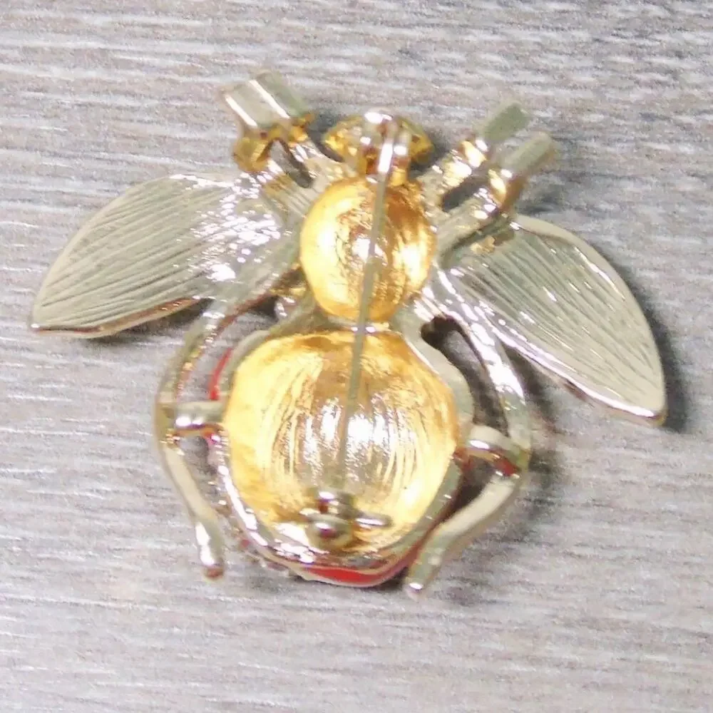 Joan Rivers Apple Bee Brooch Pin Green Crystal Rhinestones Red Enamel Fruit Vtg